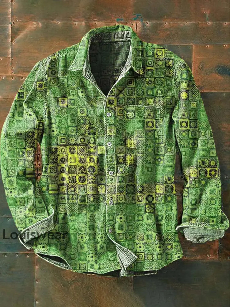 Herren Vintage-Muster gedruckt lässig lang ärmel iges Revers hemd Dunkelgrün / S