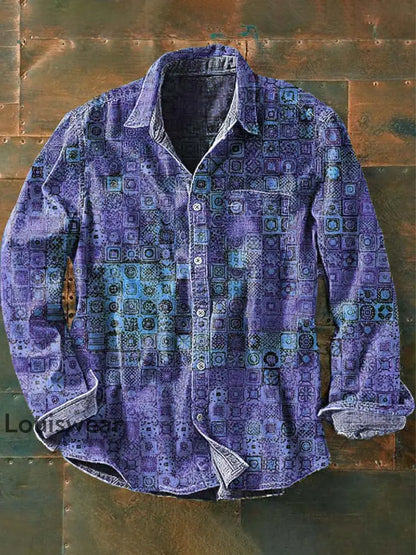 Herren Vintage-Muster gedruckt lässig lang ärmel iges Revers hemd Lila / S