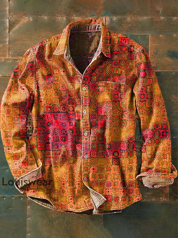 Herren Vintage-Muster gedruckt lässig lang ärmel iges Revers hemd Orange / S