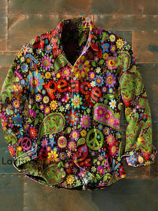 Herren Vintage Psychedelic Hippie Bunter Peace Print Lässiges Langärmliges Hemd als bild / S