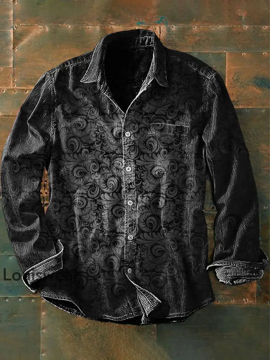 Herren Vintage Punk Gothic Kunstdruck Lässiges Langarm-Hemd Grau / S