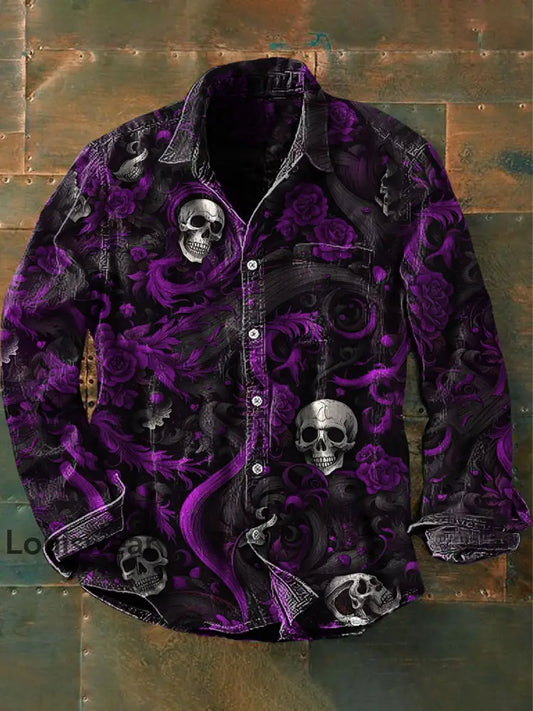 Herren-Vintage-Punk-Schädel-Blumen-Kunstdruck-Langarm-Hemd Lila / S
