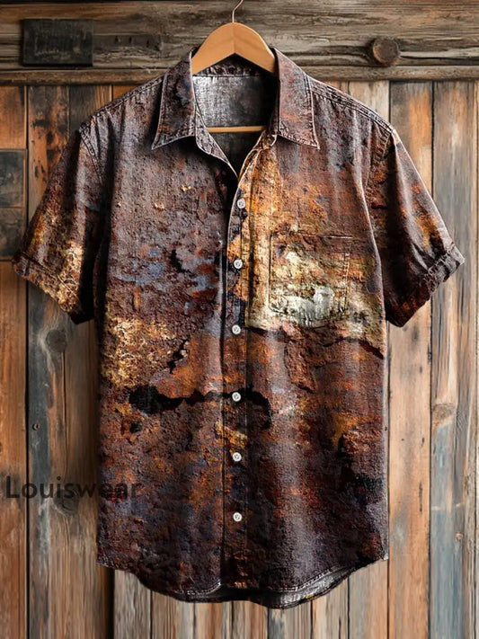 Herren Vintage Rust Print Lässiges Kurzarm-Taschen hemd bunt / S