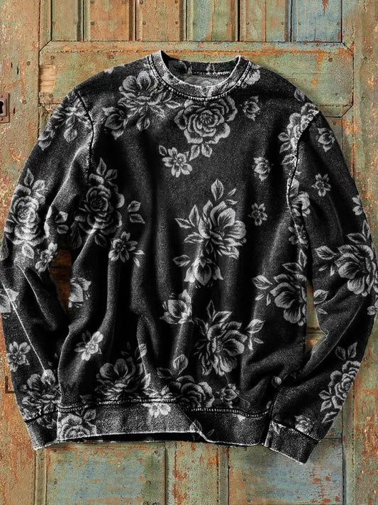 Herren Vintage Schwarz-Weiß-Sweatshirt mit Blumenkunst druck mit Rundhals ausschnitt bunt / S