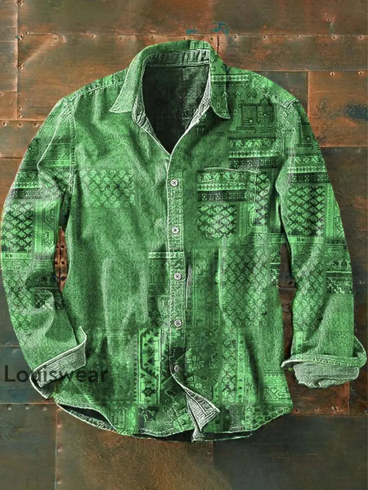 Herren Vintage Smaragd Abstrakt Print Lässiges Revers Langarm Hemd als bild / S