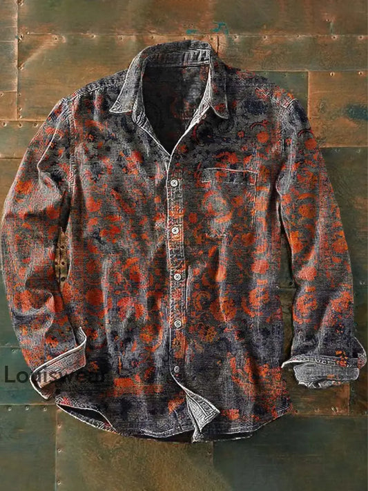 Herren Vintage Tribal Ethnic Print Lässiges Revers-Langarm-Shirt als bild / S