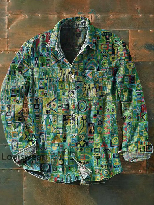 Herren Vintage Tribal Ethnic Print Lässiges Revers-Langarm-Shirt als bild / S