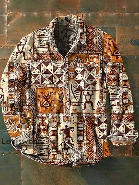 Herren Vintage Tribal Ethnic Print Lässiges Revers-Langarm-Shirt als bild / S