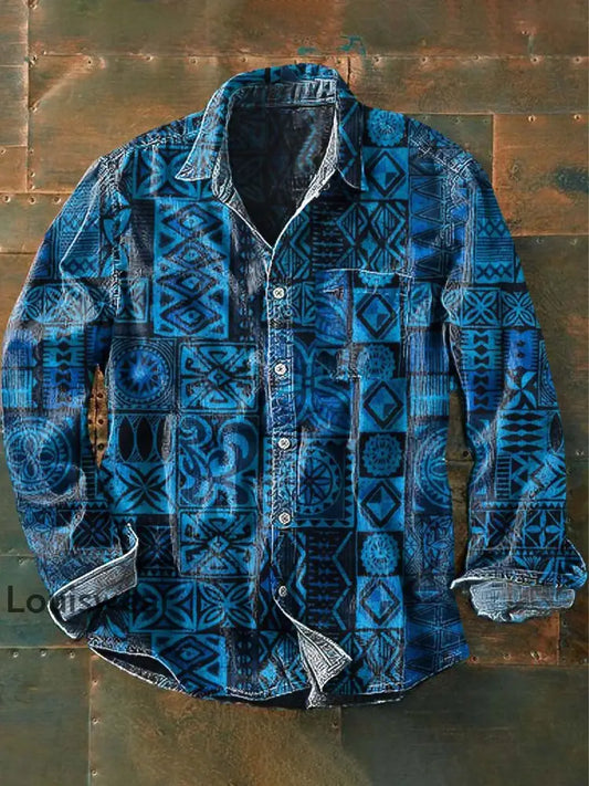 Herren Vintage Tribal Ethnic Print Lässiges Revers-Langarm-Shirt als bild / S