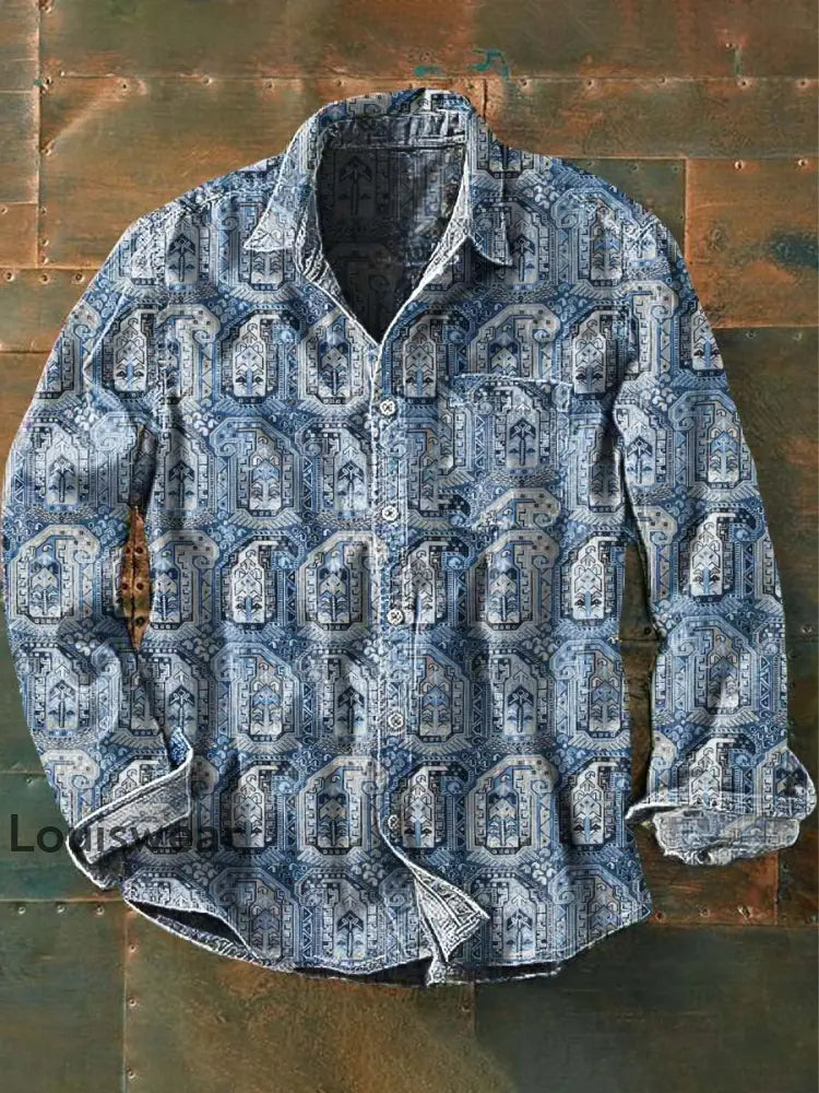 Herren Vintage Tribal Ethnic Print Lässiges Revers-Langarm-Shirt als bild / S