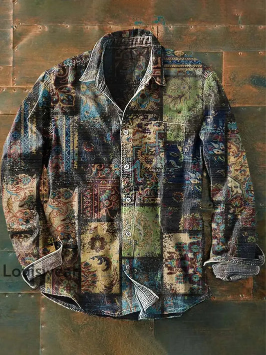 Herren Vintage Tribal Ethnic Print Lässiges Revers-Langarm-Shirt als bild / S