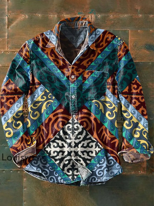 Herren Vintage Tribal Ethnic Print Lässiges Revers-Langarm-Shirt als bild / S