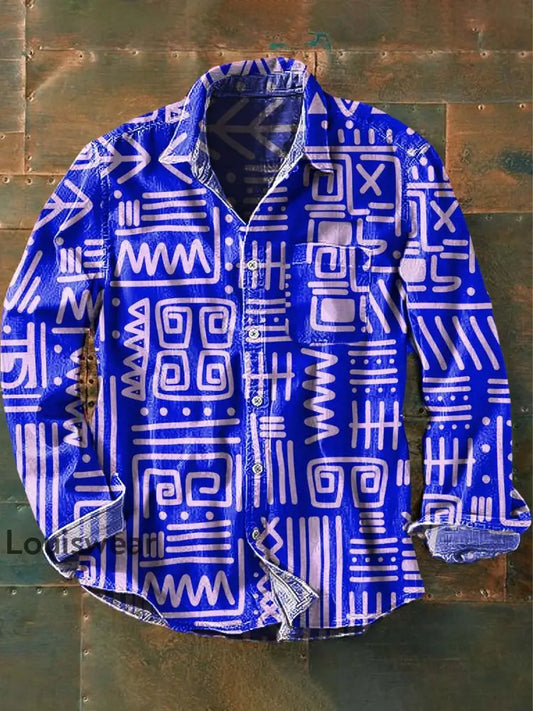 Herren Vintage Tribal Ethnic Print Lässiges Revers-Langarm-Shirt als bild / S
