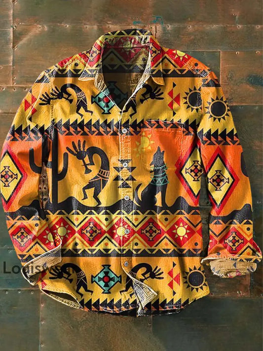 Herren Vintage Tribal Ethnic Print Lässiges Revers-Langarm-Shirt als bild / S