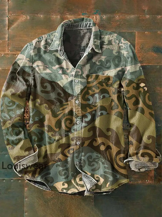 Herren Vintage Tribal Ethnic Print Lässiges Revers-Langarm-Shirt als bild / S