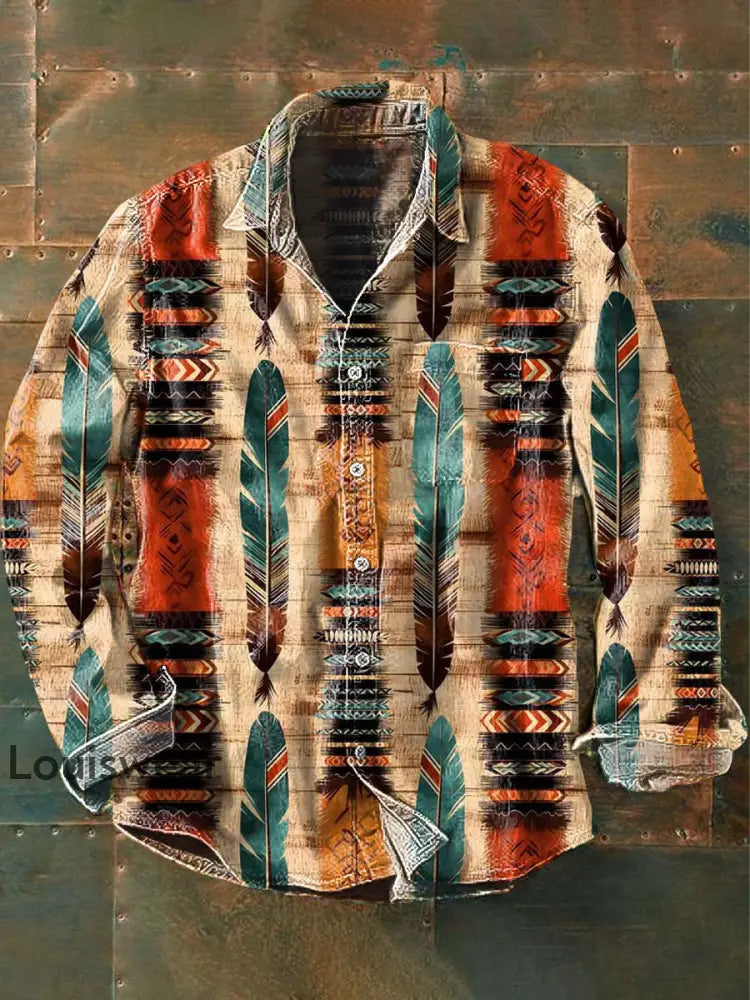 Herren Vintage Tribal Ethnisch gedruckt Lässiges lang ärmel iges Revers hemd als bild / S