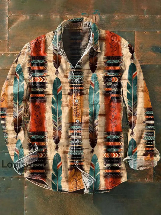 Herren Vintage Tribal Ethnisch gedruckt Lässiges lang ärmel iges Revers hemd als bild / S