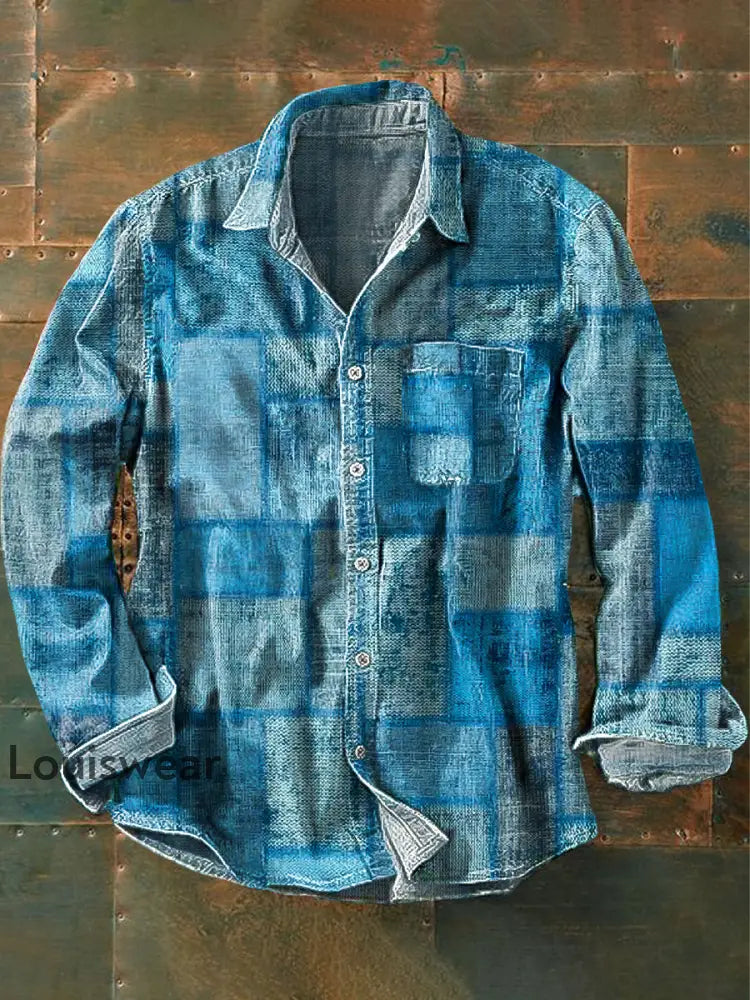Herren Vintage Trompe l’oeil Kariertes Kunstdruck Langarm-Taschen hemd bunt / S