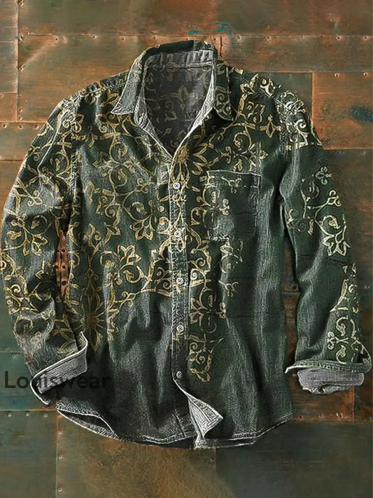 Herren-Vintage-unregelmäßiges Blumen kunst druck Langarm-Taschen hemd bunt / S