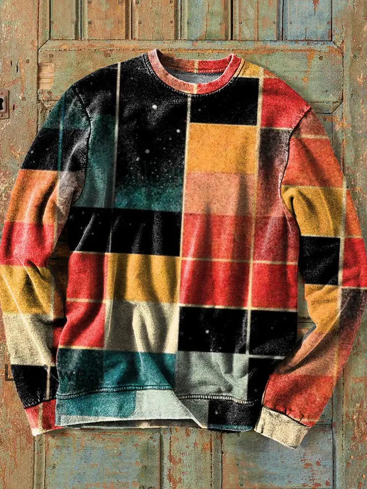 Herren Vintage unregelmäßiges Farbblock-Kunstdruck-Sweatshirt mit Rundhals ausschnitt bunt / S
