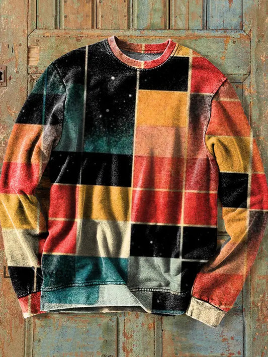 Herren Vintage unregelmäßiges Farbblock-Kunstdruck-Sweatshirt mit Rundhals ausschnitt bunt / S