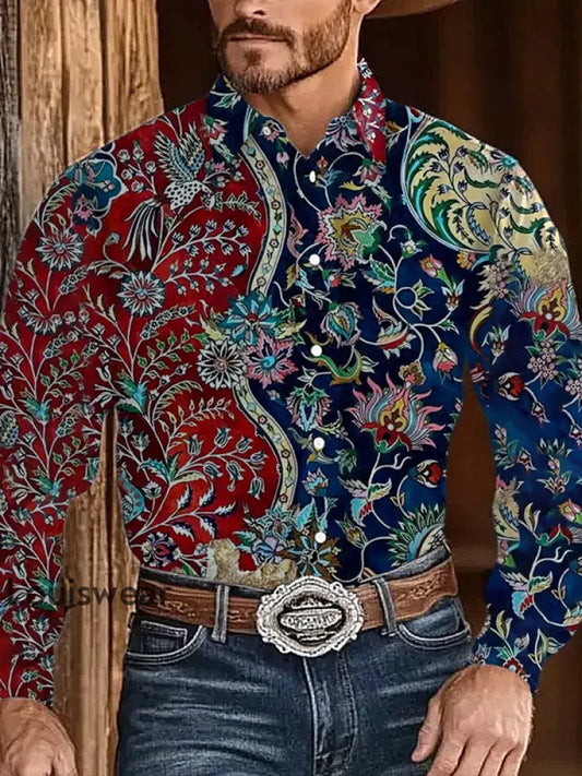 Herren Vintage Western Ethnische Bunte Blumen Druck Langarm Hemd als bild / S