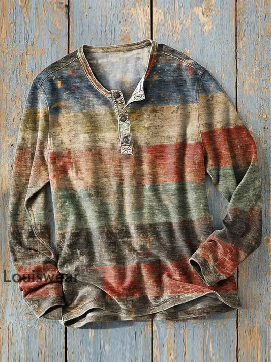 Herren Vintage Western Farbstreifen Kunstdruck Langarm Henley Hemd bunt / S