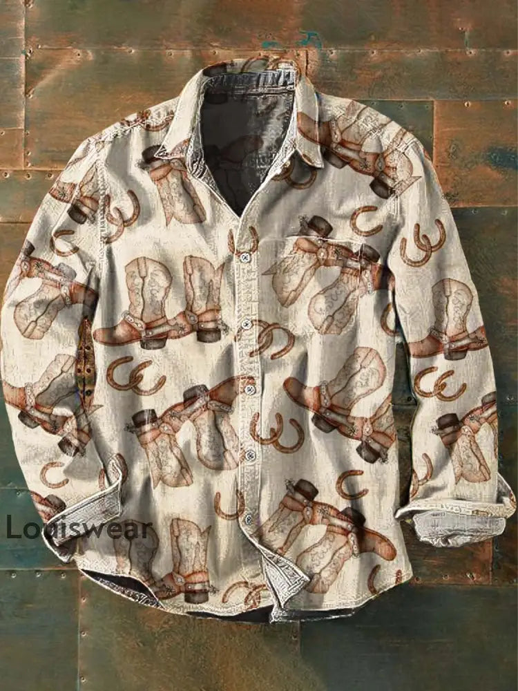 Herren Vintage Western Muster Print Lässiges Revers Langarm Hemd als bild / S