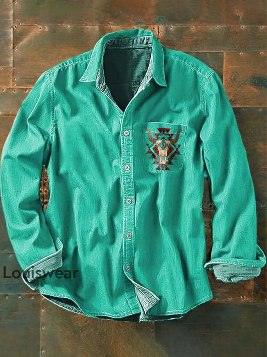 Herren Vintage Western Muster Print Lässiges Revers Langarm Hemd als bild / S