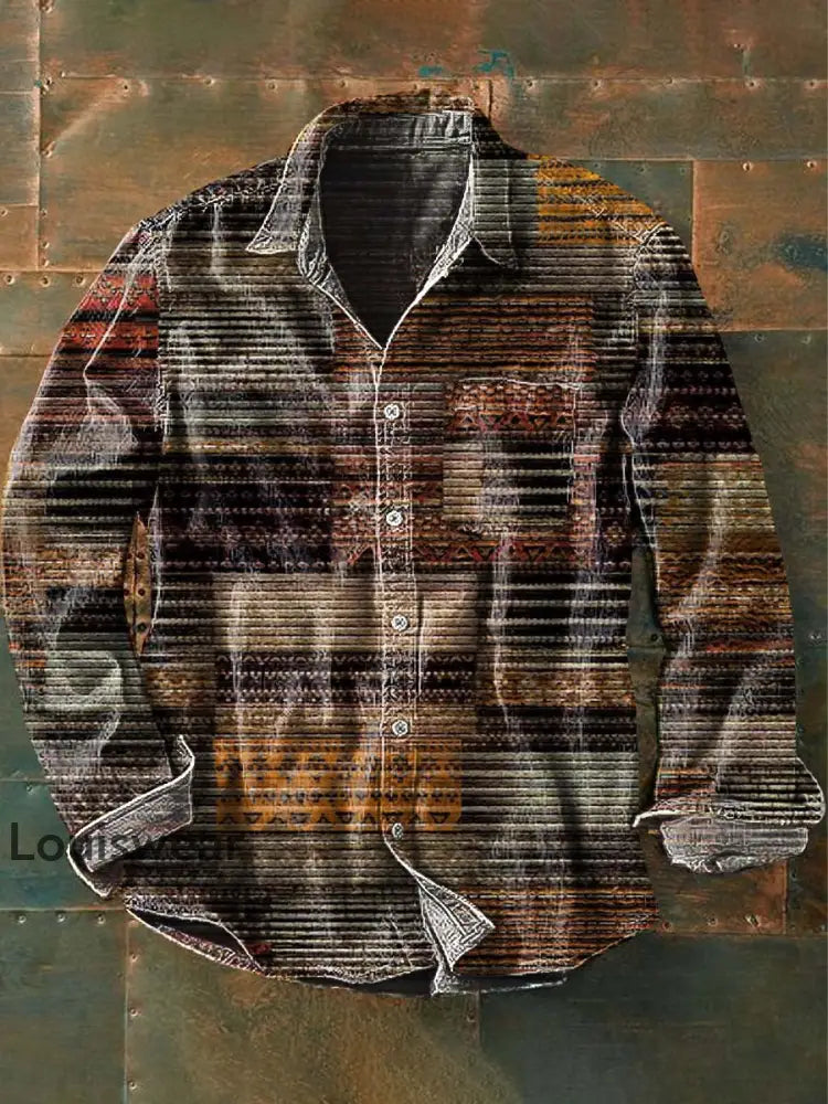 Herren Vintage Western Muster Print Lässiges Revers Langarm Hemd als bild / S