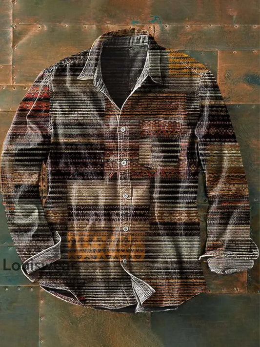 Herren Vintage Western Muster Print Lässiges Revers Langarm Hemd als bild / S