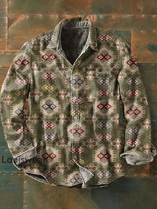 Herren Vintage Western Muster Print Lässiges Revers Langarm Hemd als bild / S