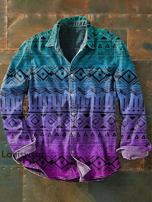 Herren Vintage Western Muster Print Lässiges Revers Langarm Hemd als bild / S