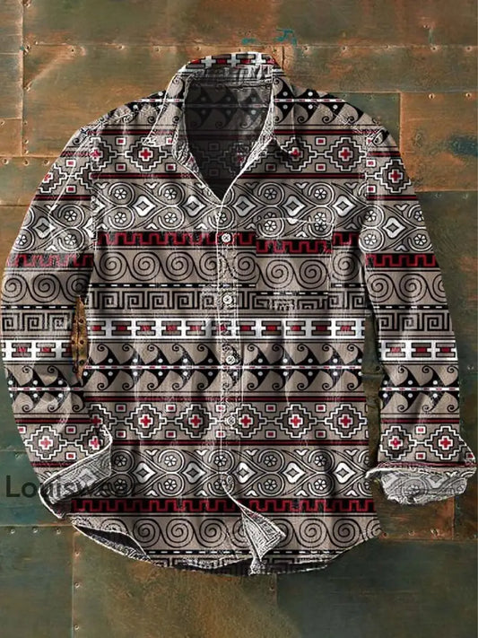 Herren Vintage Western Muster Print Lässiges Revers Langarm Hemd als bild / S