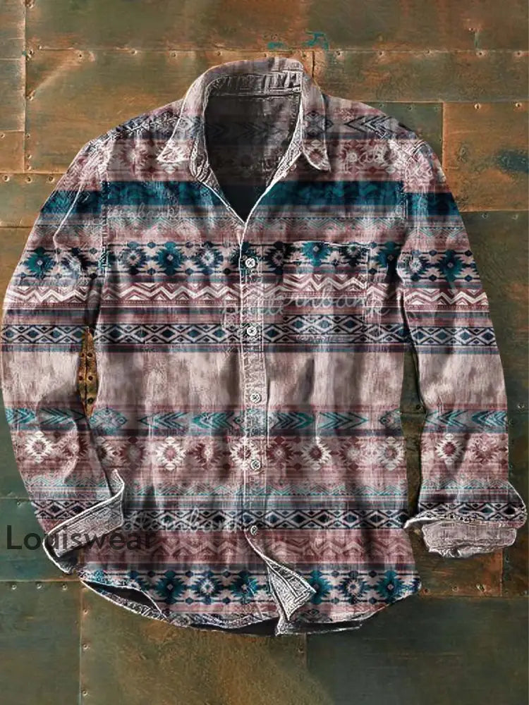 Herren Vintage Western Muster Print Lässiges Revers Langarm Hemd als bild / S