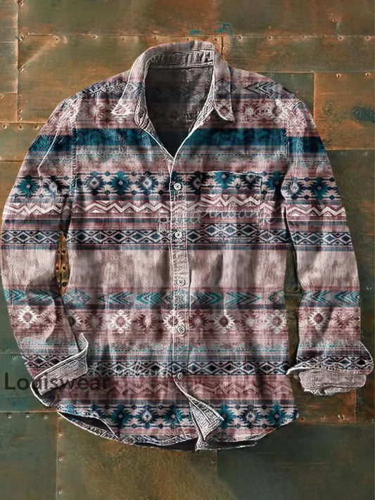 Herren Vintage Western Muster Print Lässiges Revers Langarm Hemd als bild / S