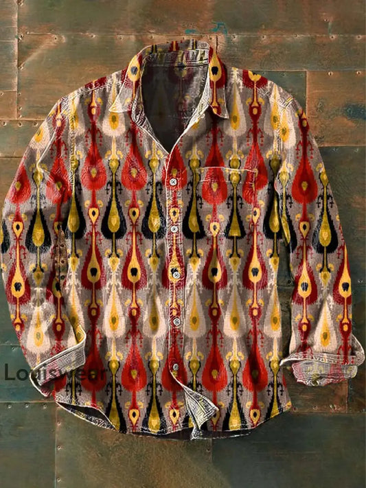 Herren Vintage Western Muster Print Lässiges Revers Langarm Hemd als bild / S