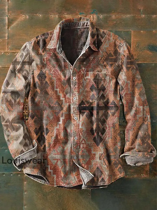 Herren Vintage Western Muster Print Lässiges Revers Langarm Hemd als bild / S