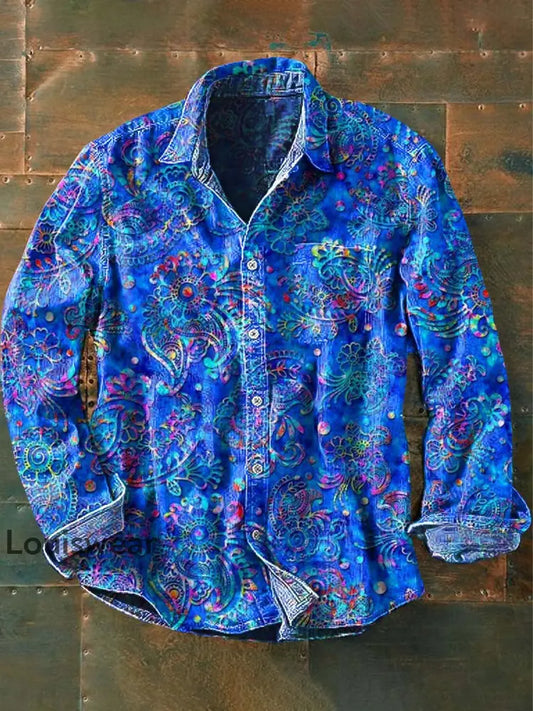 Herren Vintage Western Print Lässiges Langarm-Hemd als bild / S