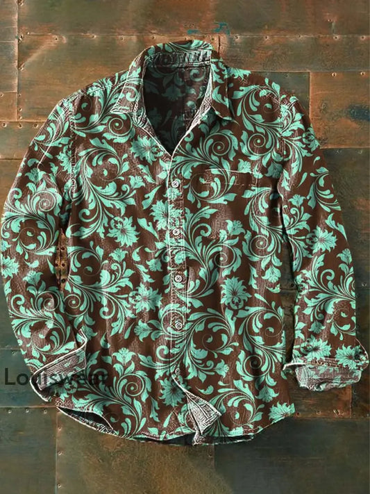 Herren Vintage Western Print Lässiges Langarm-Hemd als bild / S
