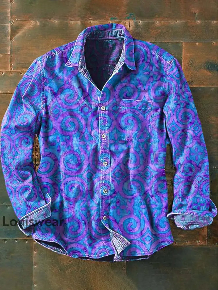 Herren Vintage Western Print Lässiges Langarm-Hemd Blau / S