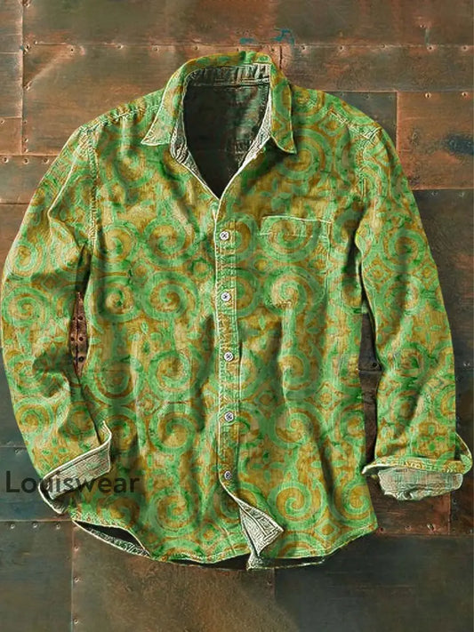 Herren Vintage Western Print Lässiges Langarm-Hemd Grün / S