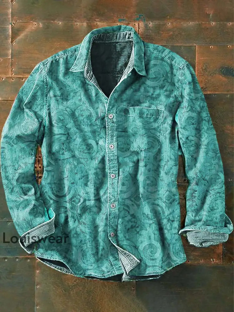 Herren Vintage Western Print Lässiges Langarm-Hemd See blau / S