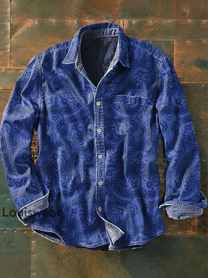 Herren Westliches Muster Kuh druck Lässiges Revers-Langarm-Shirt Blau / S