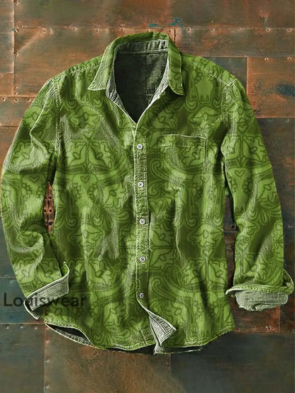 Herren Westliches Muster Kuh druck Lässiges Revers-Langarm-Shirt Grün / S