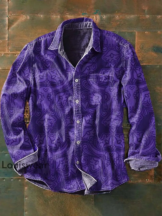Herren Westliches Muster Kuh druck Lässiges Revers-Langarm-Shirt Lila / S