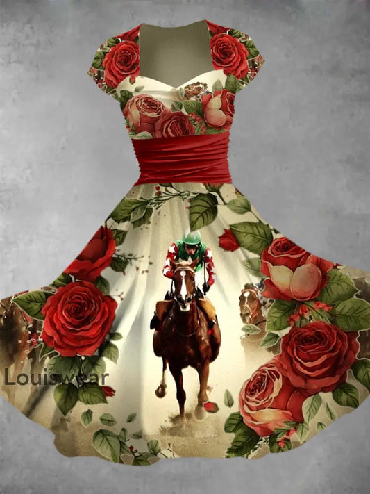 Kentucky Derby Pferd Kunst bedruckt Vintage V-Ausschnitt Falten Taille Kurzarm Midi-Kleid A / S