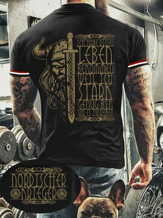 Kurzarm-T-Shirt für Männer Nordischer Krieger bedruckt Schwarz / S