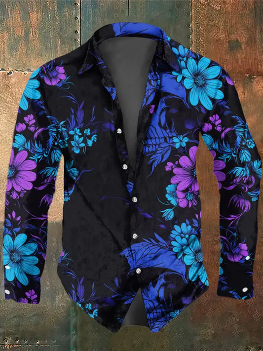 Lässiges Vintage-Hemd im Retro-Dark-Style mit Everlasting-Blumen-Print für Herren Schwarz / S Halloween