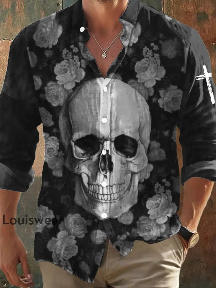 Langärmliges Hemd im dunklen Stil für Männer mit Skull-Rose-Print Schwarz / S
